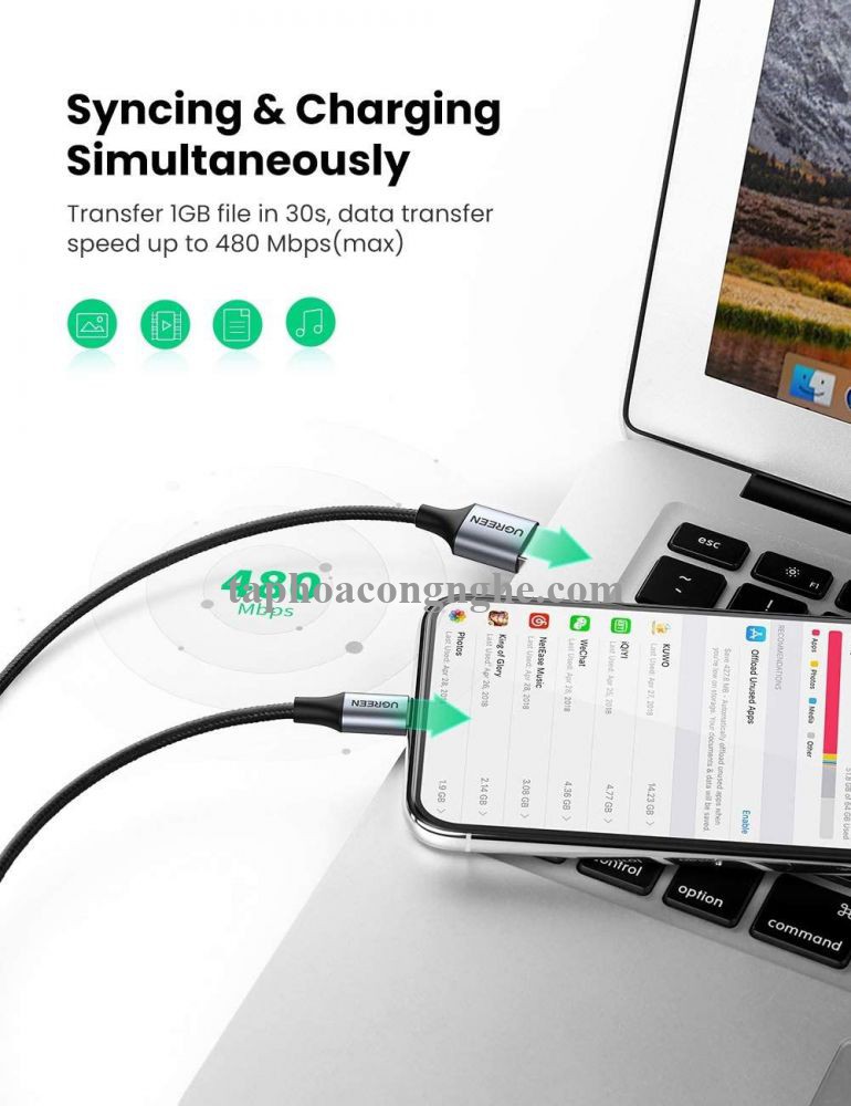 Ugreen 60155 0.5M màu đen cáp MFI USB 2.0 A ra Lightning đầu bọc nhôm mạ nickel chống nhiễu 50cm US291 30060155